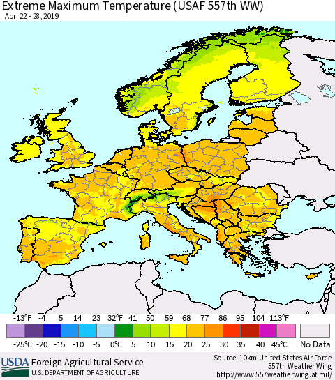 Europe Maximum Daily Temperature (USAF 557th WW) Thematic Map For 4/22/2019 - 4/28/2019