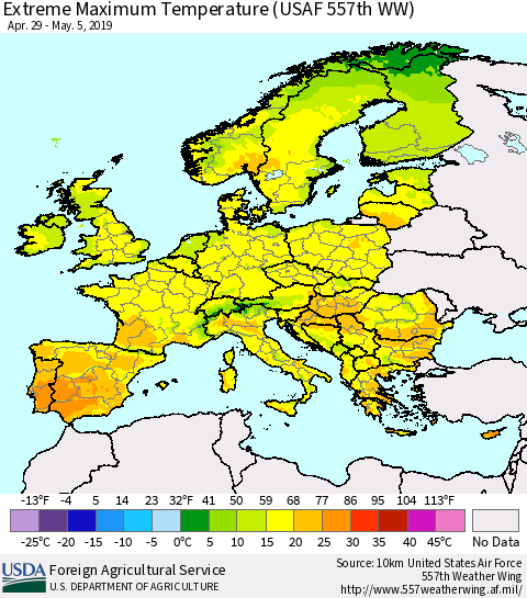 Europe Maximum Daily Temperature (USAF 557th WW) Thematic Map For 4/29/2019 - 5/5/2019