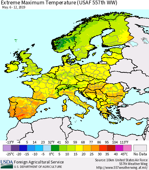 Europe Maximum Daily Temperature (USAF 557th WW) Thematic Map For 5/6/2019 - 5/12/2019