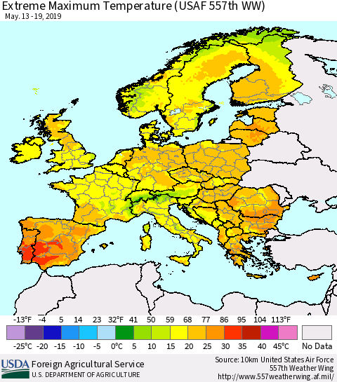 Europe Maximum Daily Temperature (USAF 557th WW) Thematic Map For 5/13/2019 - 5/19/2019