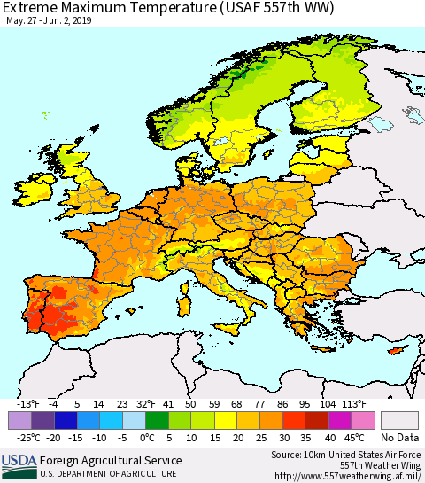 Europe Maximum Daily Temperature (USAF 557th WW) Thematic Map For 5/27/2019 - 6/2/2019
