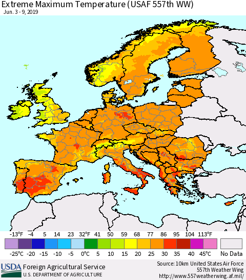 Europe Maximum Daily Temperature (USAF 557th WW) Thematic Map For 6/3/2019 - 6/9/2019