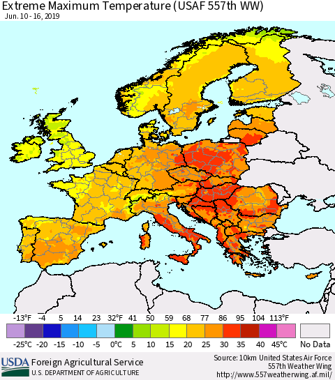Europe Maximum Daily Temperature (USAF 557th WW) Thematic Map For 6/10/2019 - 6/16/2019