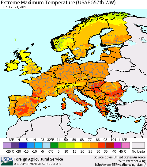 Europe Maximum Daily Temperature (USAF 557th WW) Thematic Map For 6/17/2019 - 6/23/2019