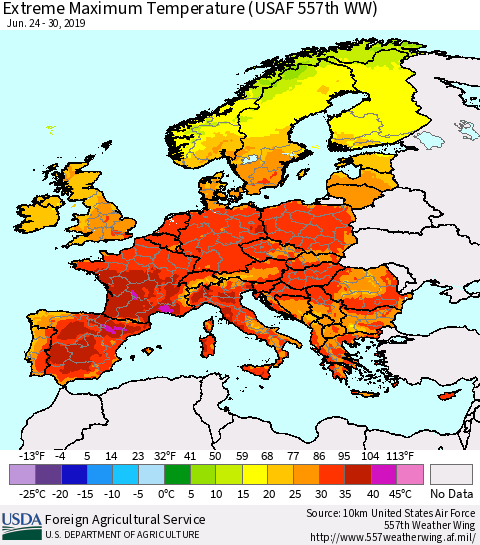 Europe Maximum Daily Temperature (USAF 557th WW) Thematic Map For 6/24/2019 - 6/30/2019