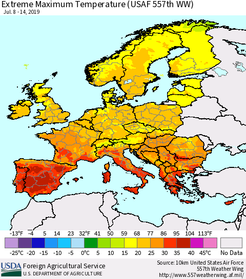 Europe Maximum Daily Temperature (USAF 557th WW) Thematic Map For 7/8/2019 - 7/14/2019