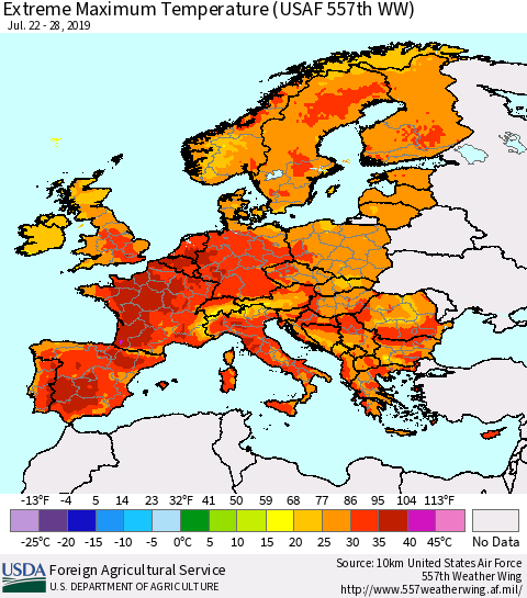 Europe Maximum Daily Temperature (USAF 557th WW) Thematic Map For 7/22/2019 - 7/28/2019