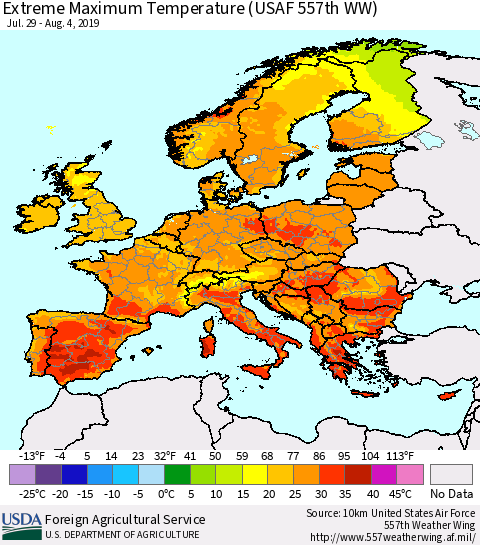 Europe Maximum Daily Temperature (USAF 557th WW) Thematic Map For 7/29/2019 - 8/4/2019