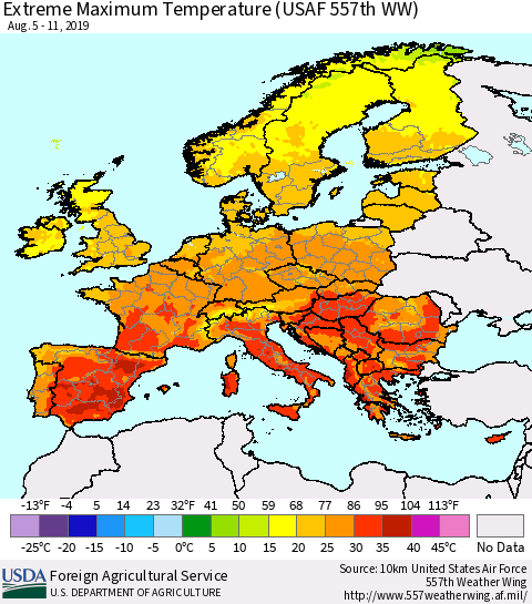 Europe Maximum Daily Temperature (USAF 557th WW) Thematic Map For 8/5/2019 - 8/11/2019