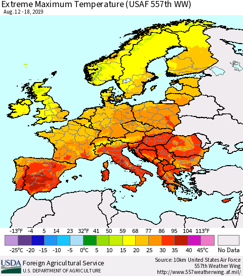 Europe Maximum Daily Temperature (USAF 557th WW) Thematic Map For 8/12/2019 - 8/18/2019