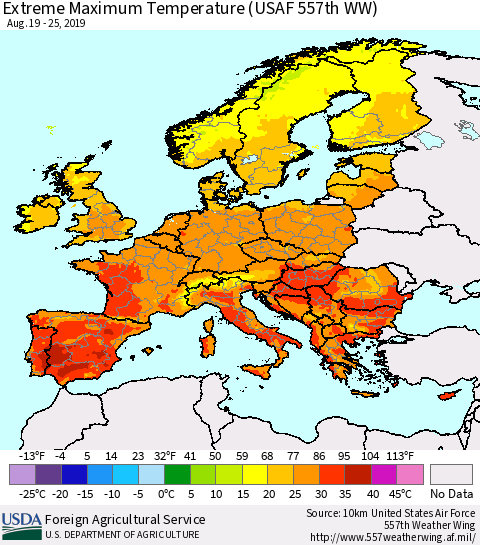 Europe Maximum Daily Temperature (USAF 557th WW) Thematic Map For 8/19/2019 - 8/25/2019
