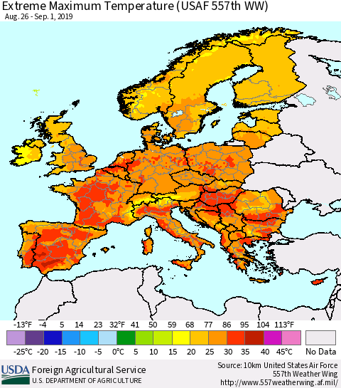 Europe Maximum Daily Temperature (USAF 557th WW) Thematic Map For 8/26/2019 - 9/1/2019