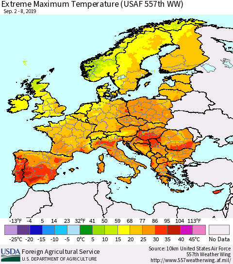 Europe Maximum Daily Temperature (USAF 557th WW) Thematic Map For 9/2/2019 - 9/8/2019