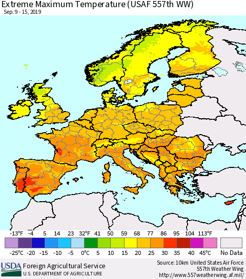 Europe Maximum Daily Temperature (USAF 557th WW) Thematic Map For 9/9/2019 - 9/15/2019