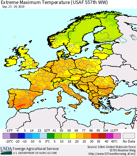 Europe Maximum Daily Temperature (USAF 557th WW) Thematic Map For 9/23/2019 - 9/29/2019