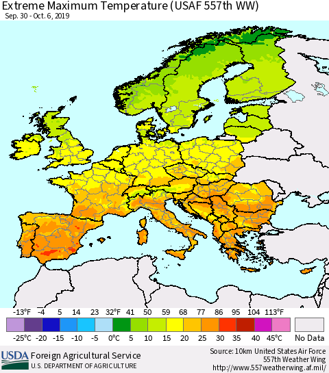 Europe Maximum Daily Temperature (USAF 557th WW) Thematic Map For 9/30/2019 - 10/6/2019