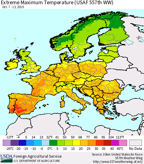 Europe Maximum Daily Temperature (USAF 557th WW) Thematic Map For 10/7/2019 - 10/13/2019