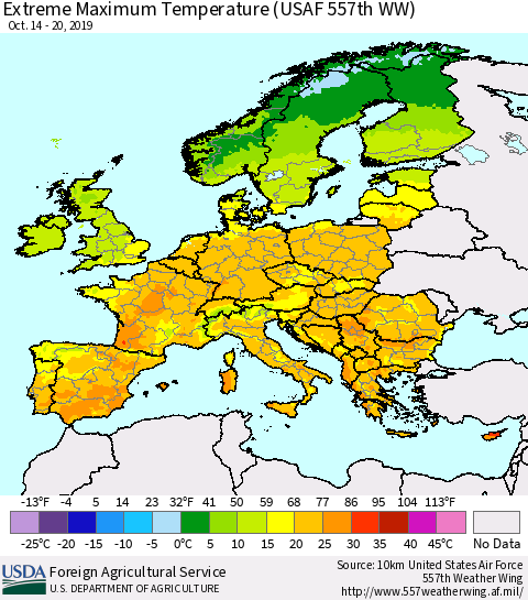 Europe Maximum Daily Temperature (USAF 557th WW) Thematic Map For 10/14/2019 - 10/20/2019