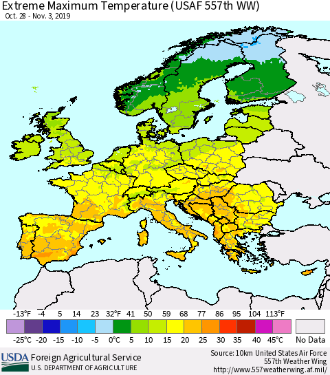 Europe Maximum Daily Temperature (USAF 557th WW) Thematic Map For 10/28/2019 - 11/3/2019