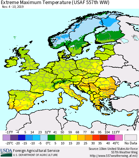 Europe Maximum Daily Temperature (USAF 557th WW) Thematic Map For 11/4/2019 - 11/10/2019