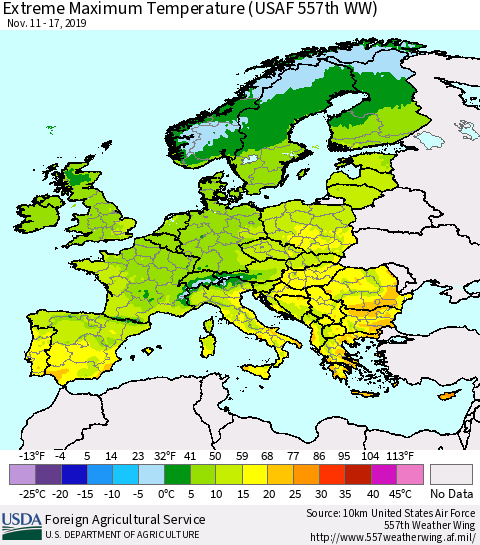 Europe Maximum Daily Temperature (USAF 557th WW) Thematic Map For 11/11/2019 - 11/17/2019