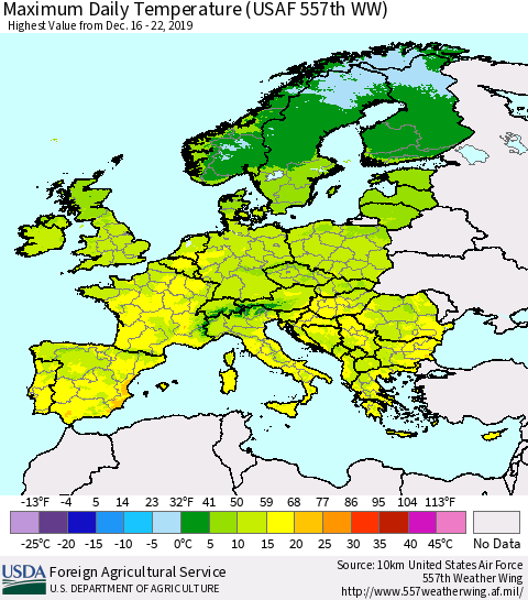 Europe Maximum Daily Temperature (USAF 557th WW) Thematic Map For 12/16/2019 - 12/22/2019