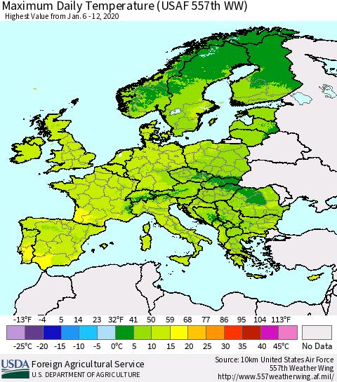 Europe Maximum Daily Temperature (USAF 557th WW) Thematic Map For 1/6/2020 - 1/12/2020