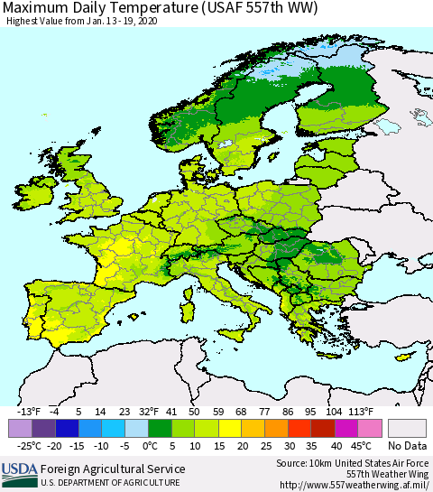 Europe Maximum Daily Temperature (USAF 557th WW) Thematic Map For 1/13/2020 - 1/19/2020