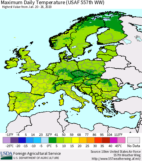 Europe Maximum Daily Temperature (USAF 557th WW) Thematic Map For 1/20/2020 - 1/26/2020