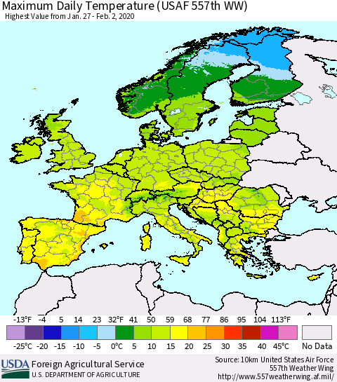 Europe Maximum Daily Temperature (USAF 557th WW) Thematic Map For 1/27/2020 - 2/2/2020