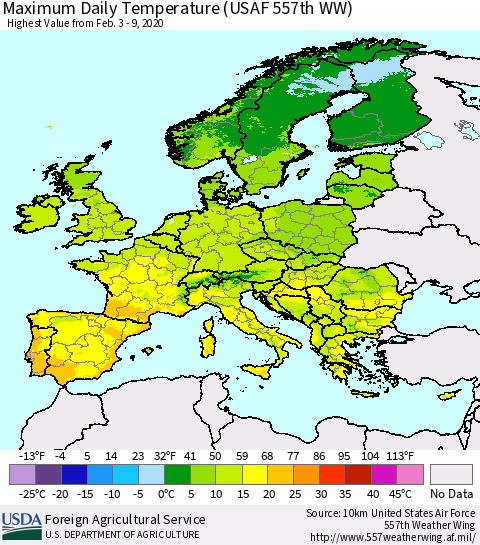 Europe Maximum Daily Temperature (USAF 557th WW) Thematic Map For 2/3/2020 - 2/9/2020