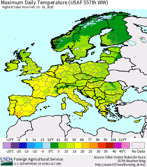 Europe Maximum Daily Temperature (USAF 557th WW) Thematic Map For 2/10/2020 - 2/16/2020