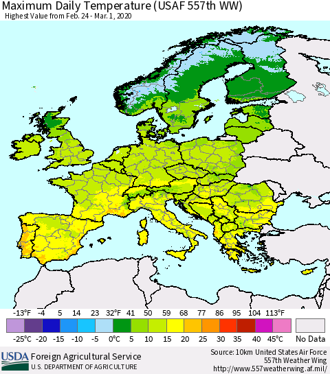 Europe Maximum Daily Temperature (USAF 557th WW) Thematic Map For 2/24/2020 - 3/1/2020