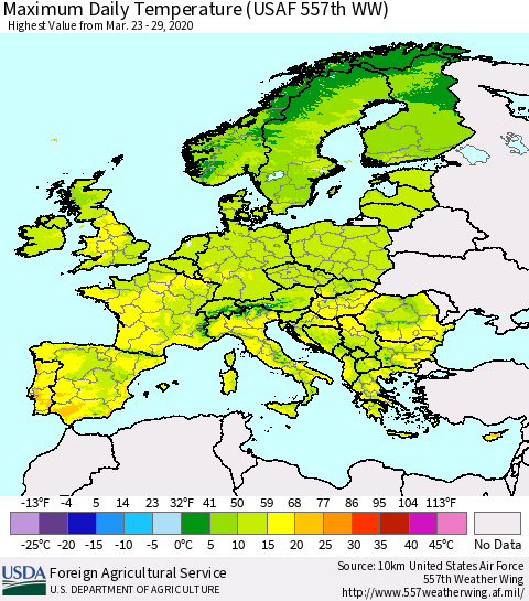 Europe Maximum Daily Temperature (USAF 557th WW) Thematic Map For 3/23/2020 - 3/29/2020