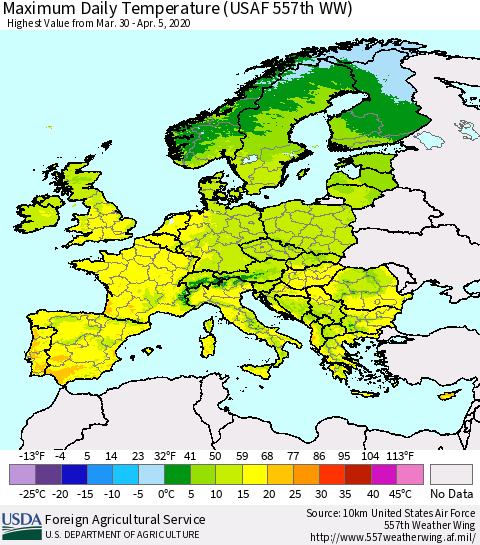 Europe Maximum Daily Temperature (USAF 557th WW) Thematic Map For 3/30/2020 - 4/5/2020