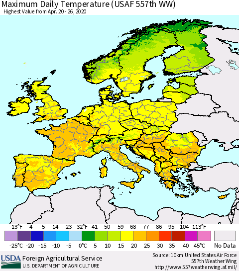 Europe Maximum Daily Temperature (USAF 557th WW) Thematic Map For 4/20/2020 - 4/26/2020