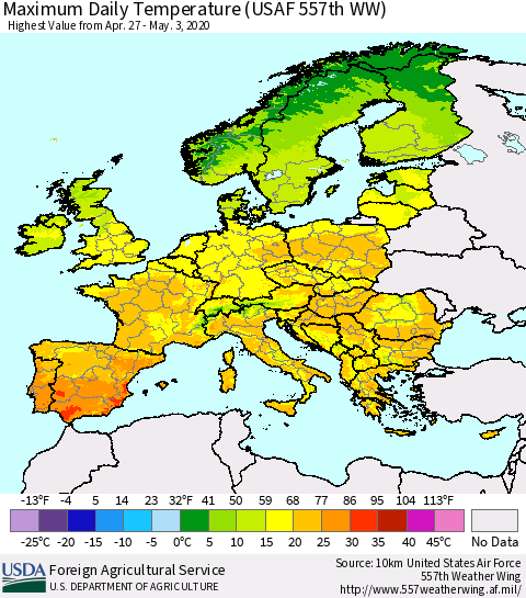 Europe Maximum Daily Temperature (USAF 557th WW) Thematic Map For 4/27/2020 - 5/3/2020