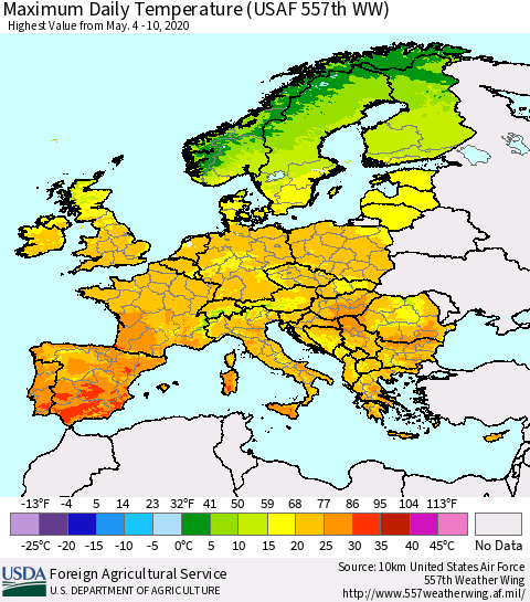 Europe Maximum Daily Temperature (USAF 557th WW) Thematic Map For 5/4/2020 - 5/10/2020