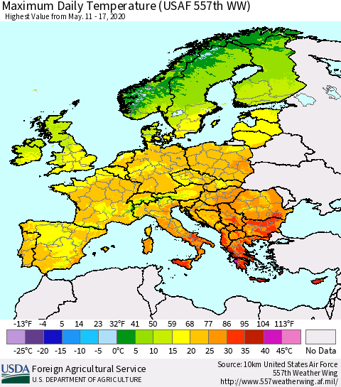 Europe Maximum Daily Temperature (USAF 557th WW) Thematic Map For 5/11/2020 - 5/17/2020