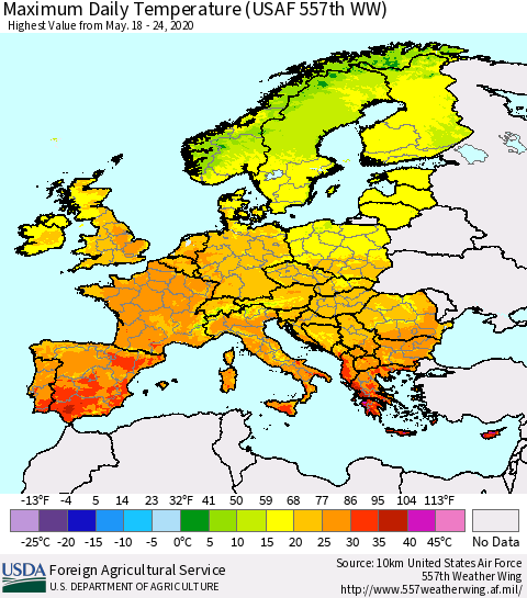 Europe Maximum Daily Temperature (USAF 557th WW) Thematic Map For 5/18/2020 - 5/24/2020