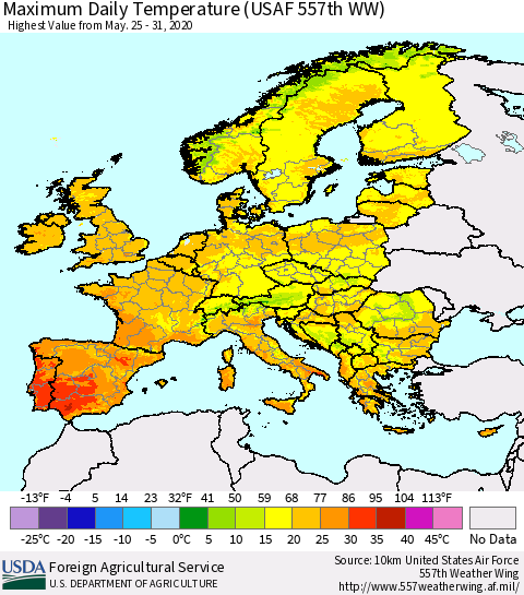 Europe Maximum Daily Temperature (USAF 557th WW) Thematic Map For 5/25/2020 - 5/31/2020