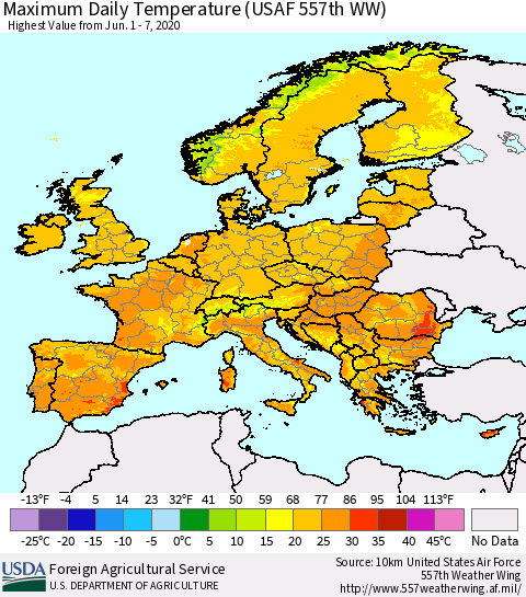Europe Maximum Daily Temperature (USAF 557th WW) Thematic Map For 6/1/2020 - 6/7/2020
