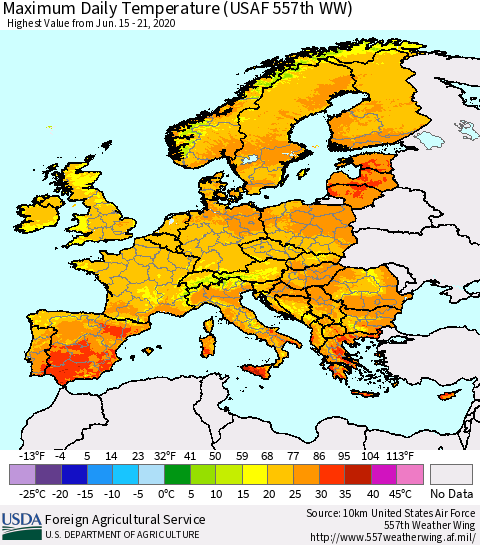 Europe Maximum Daily Temperature (USAF 557th WW) Thematic Map For 6/15/2020 - 6/21/2020