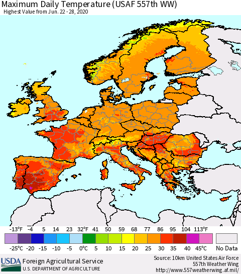 Europe Maximum Daily Temperature (USAF 557th WW) Thematic Map For 6/22/2020 - 6/28/2020