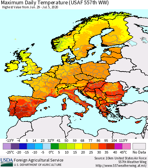 Europe Maximum Daily Temperature (USAF 557th WW) Thematic Map For 6/29/2020 - 7/5/2020