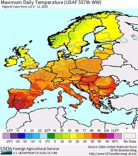 Europe Maximum Daily Temperature (USAF 557th WW) Thematic Map For 7/6/2020 - 7/12/2020