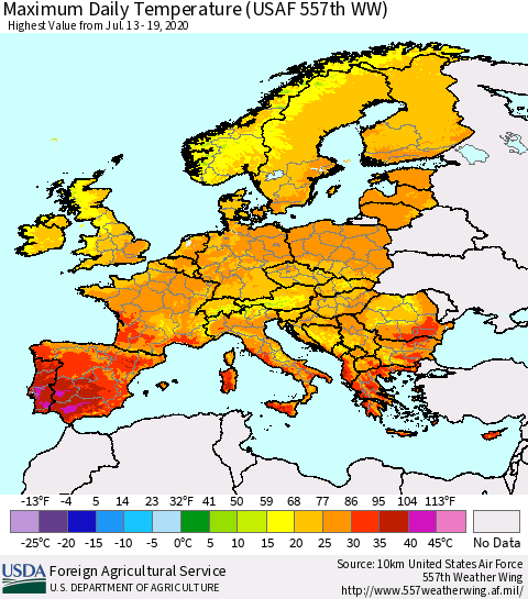 Europe Maximum Daily Temperature (USAF 557th WW) Thematic Map For 7/13/2020 - 7/19/2020