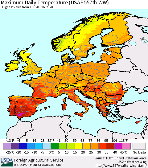 Europe Maximum Daily Temperature (USAF 557th WW) Thematic Map For 7/20/2020 - 7/26/2020