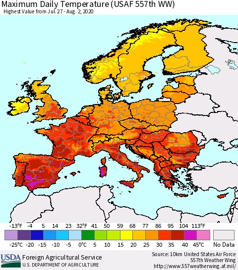 Europe Maximum Daily Temperature (USAF 557th WW) Thematic Map For 7/27/2020 - 8/2/2020