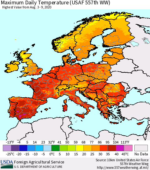 Europe Maximum Daily Temperature (USAF 557th WW) Thematic Map For 8/3/2020 - 8/9/2020